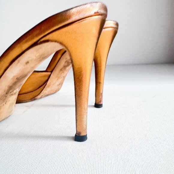 Vintage Gucci Metallic Bronze Gold Horsebit Detail Peep Toe Heels 37 - Picture 5 of 10